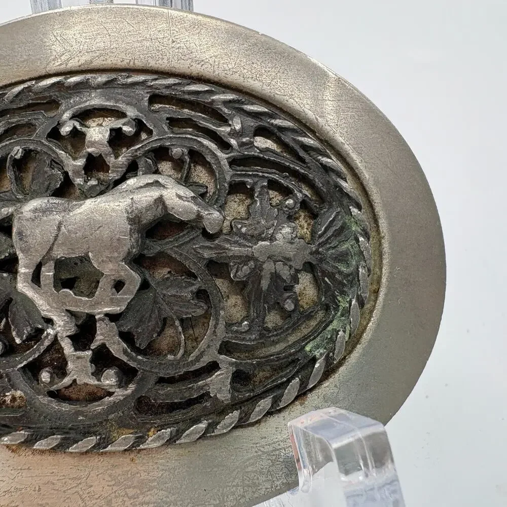 Vintage Handcrafted Horse Belt Buckle Oval Silver Tone Western Equestrian